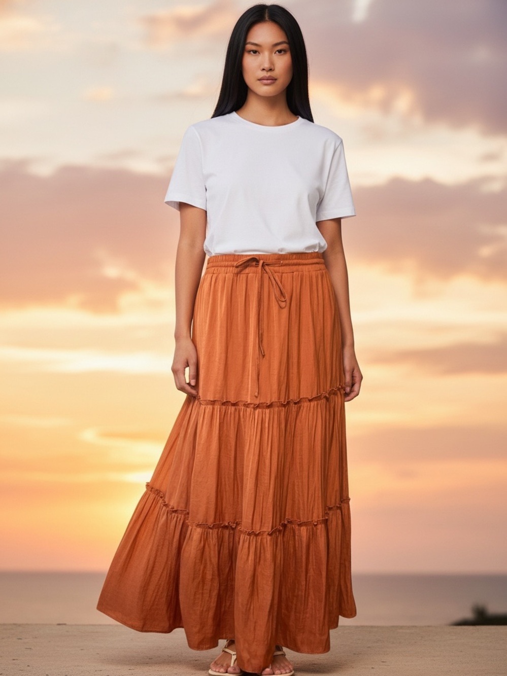 Versona Elastic Waist Tiered Full Maxi Skirt Women’s SZ L in Burnt Orange